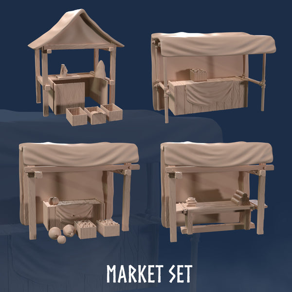 Market Set (4 Models) - Shops - Shop - Market - Market Stall - Stalls - Stall - Medieval Market - Fantasy Market - Shopkeeper - Market Tent - Medieval - Vendor - Merchant