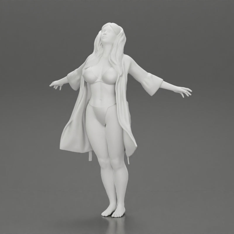 Sexy woman in Bikini and night robe opening Arms To the Sky - Only-Games
