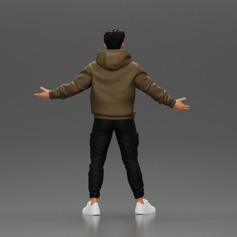 Asian Man Standing in Hoodie with Raised Hands