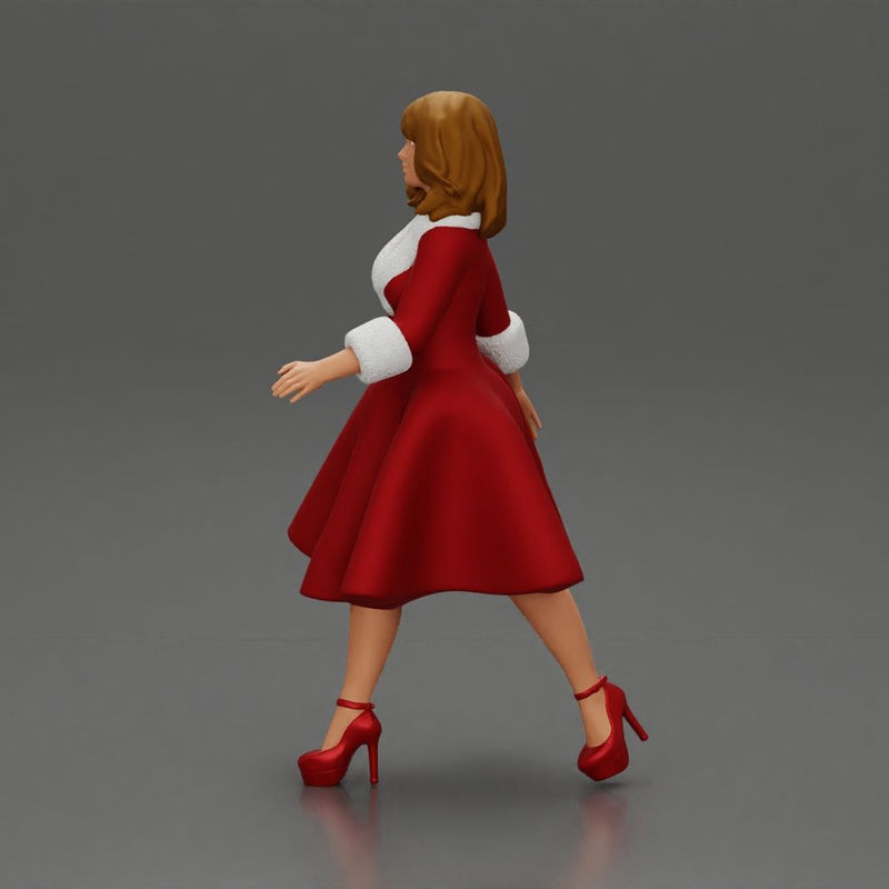 Festive Elegance Woman in Red Dress with Fur Trim