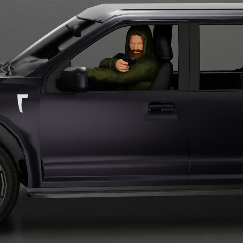 gangster in hoodie driving a car and holding gun