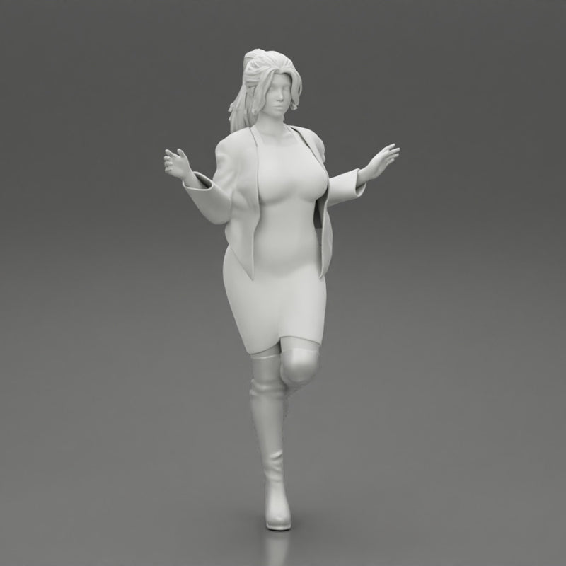 Beautiful Woman standing in one leg in mini dress and jacket - Only-Games
