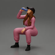 mechanic girl sitting and drinking water in suit and cap - Only-Games