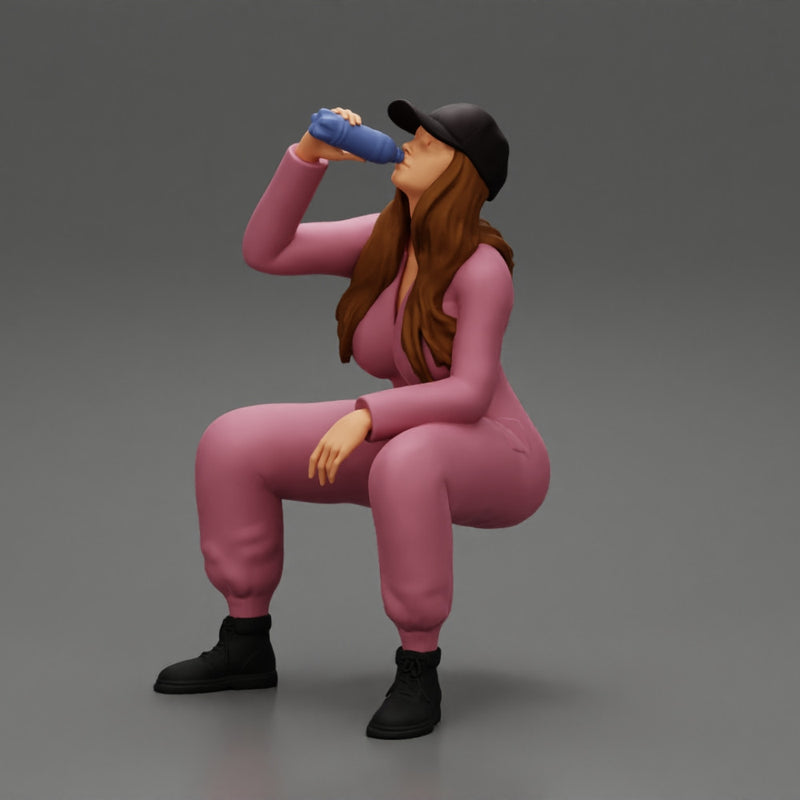 mechanic girl sitting and drinking water in suit and cap - Only-Games