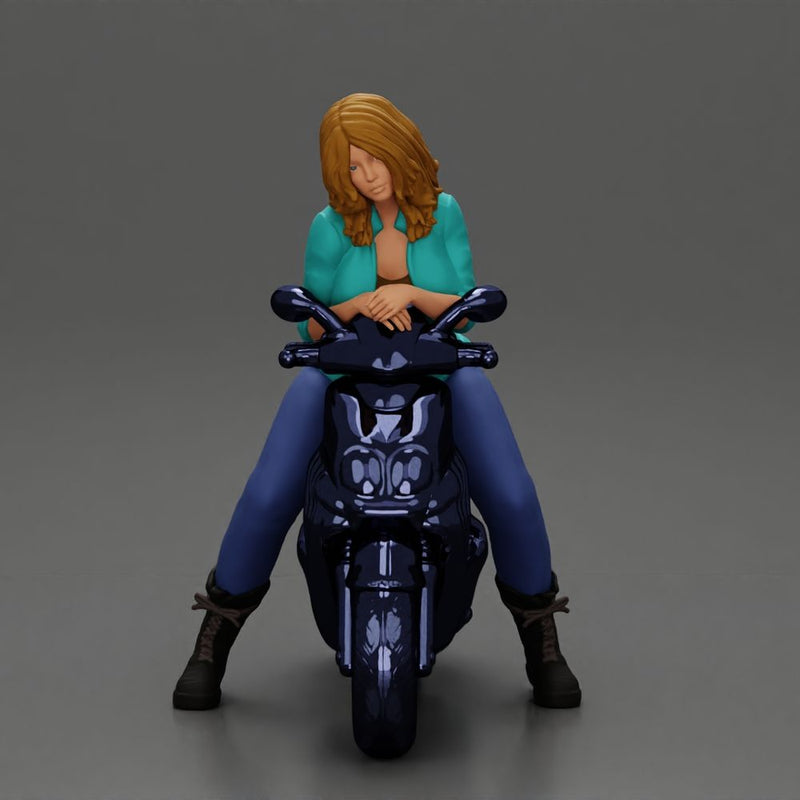 Girl sitting on a scooter, wearing an open jacket