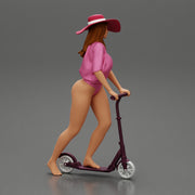 Sexy Woman Riding Electric Scooter on the beach Wearing onepice and hat - Only-Games