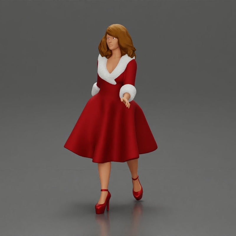 Festive Elegance Woman in Red Dress with Fur Trim