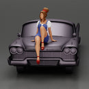 sexy girl in short denim overalls and heels is sitting on the car - Only-Games
