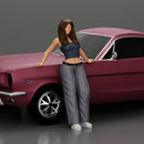 lowrider chola girl is leaning against the car, wearing a  mini shirt with long hair - Only-Games