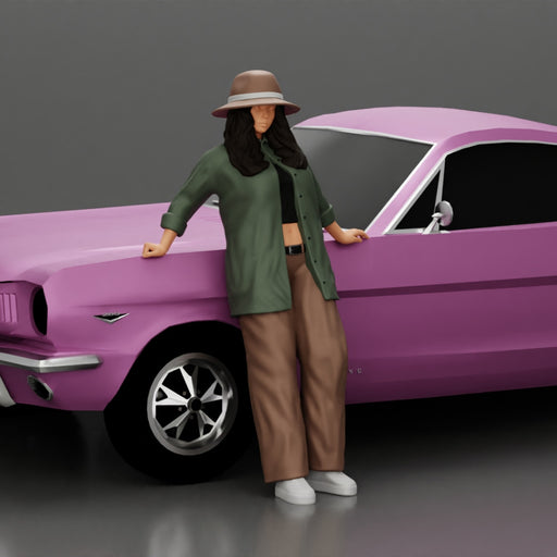 lowrider chola girl is leaning against the car, wearing a hat and long open shirt with - Only-Games