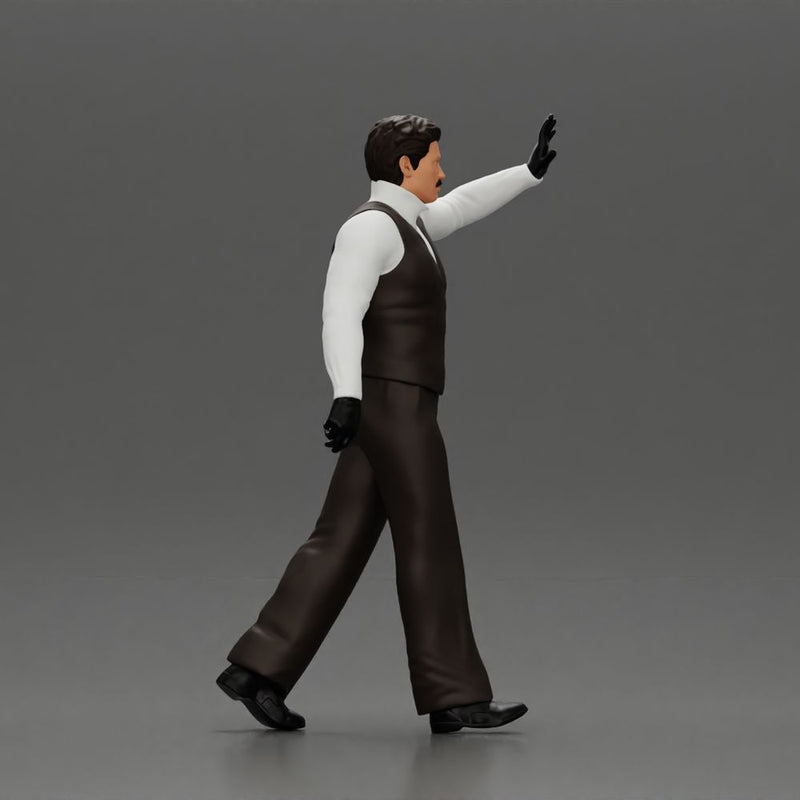 man in suit raising hand up walking