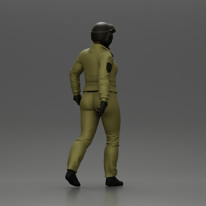 Pilot Woman Walking with Military Helmet and Emergency Shoulder Bag