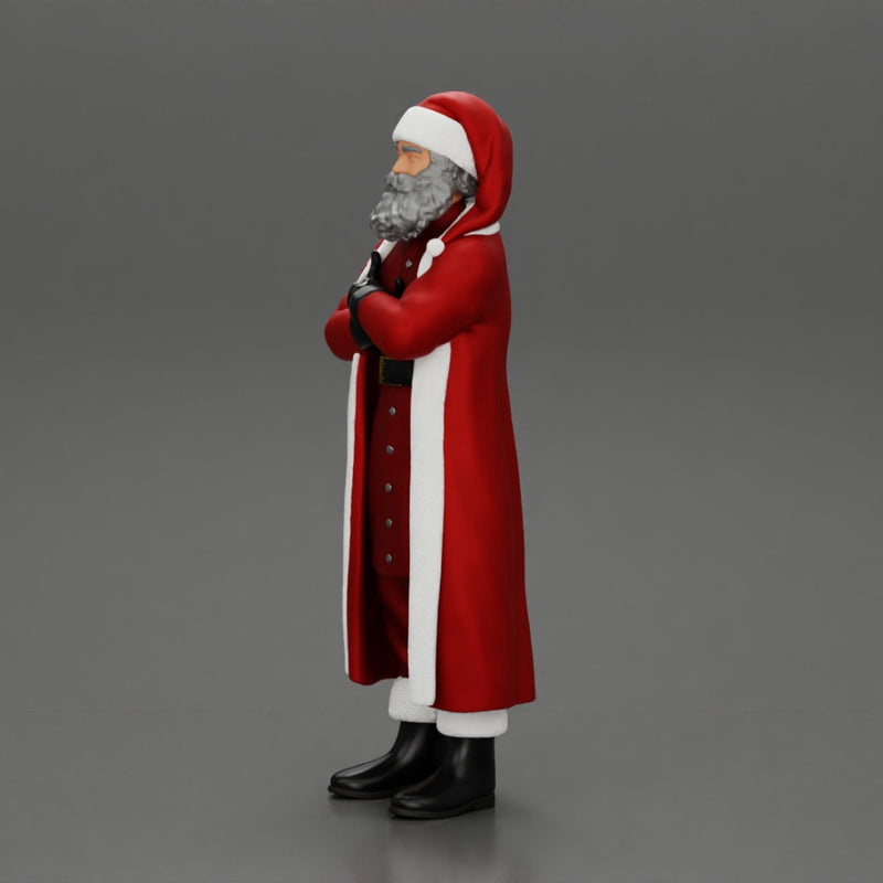 Santa Claus stands with his arms crossed