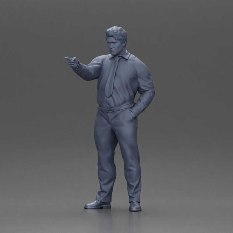 Serious businessman in a white shirt tie, and pants pointing with authority, hand in pocket - Only-Games