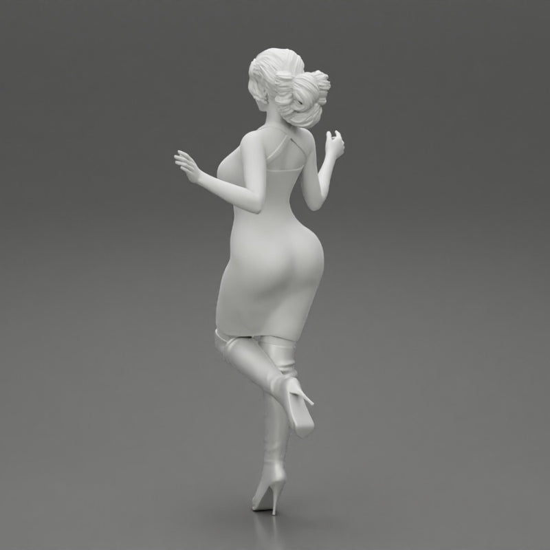 Woman in Mini Dress is Standing on One Leg - Only-Games