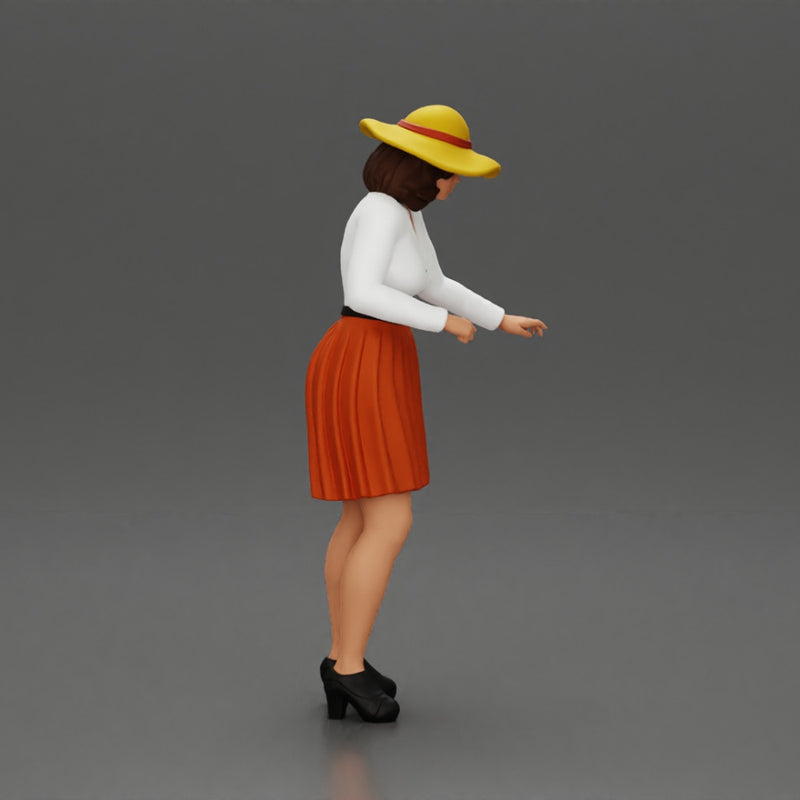 fashionable woman in hat and skirt is reaching for something