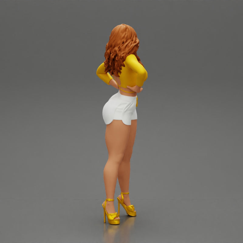 Sexy girl in short and heels with long hair posing - Only-Games