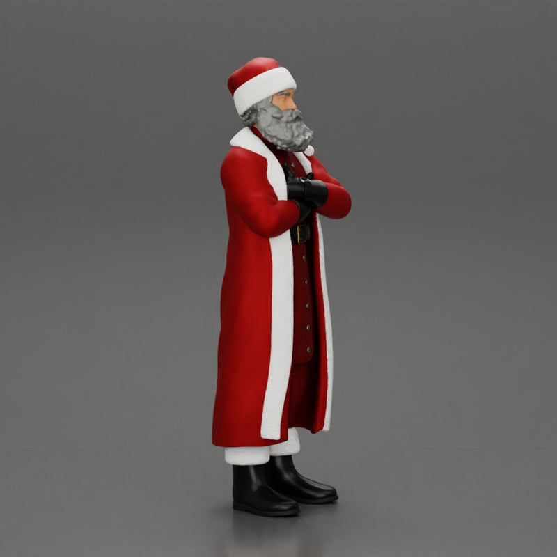 Santa Claus stands with his arms crossed