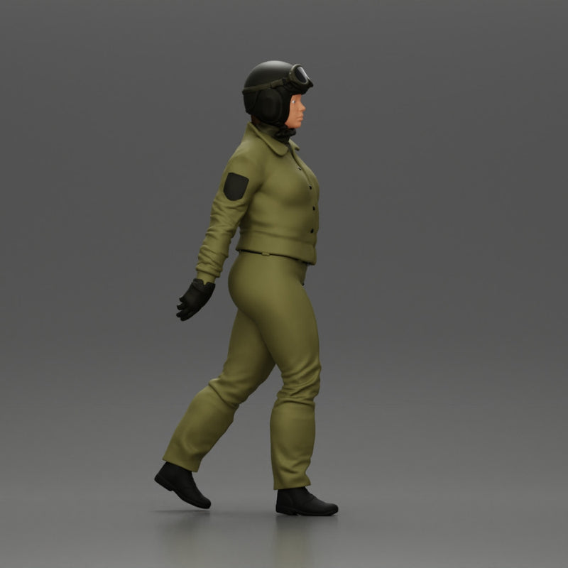 Pilot Woman Walking with Military Helmet and Emergency Shoulder Bag