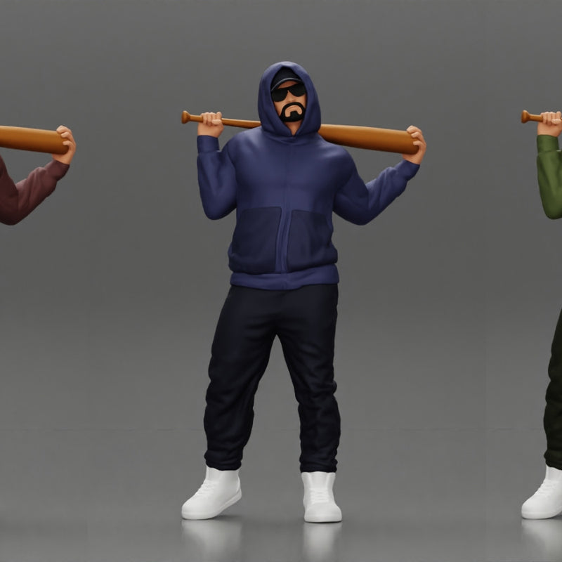 Gangster in hoodie sunglasses and cap holding A Baseball Bat on his shoulder - Only-Games