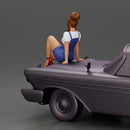 sexy girl in short denim overalls and heels is sitting on the car - Only-Games