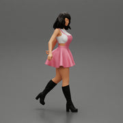 2 Young woman in sexy dress and boots pulling suitcase  walking in airport terminal - Only-Games