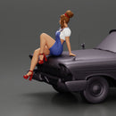 sexy girl in short denim overalls and heels is sitting on the car - Only-Games