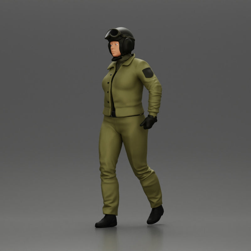 Pilot Woman Walking with Military Helmet and Emergency Shoulder Bag