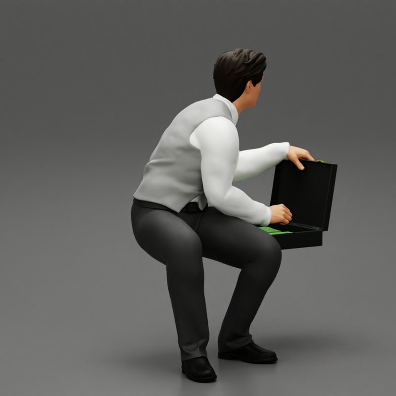 young businessman sitting and holding briefcase of money - Only-Games