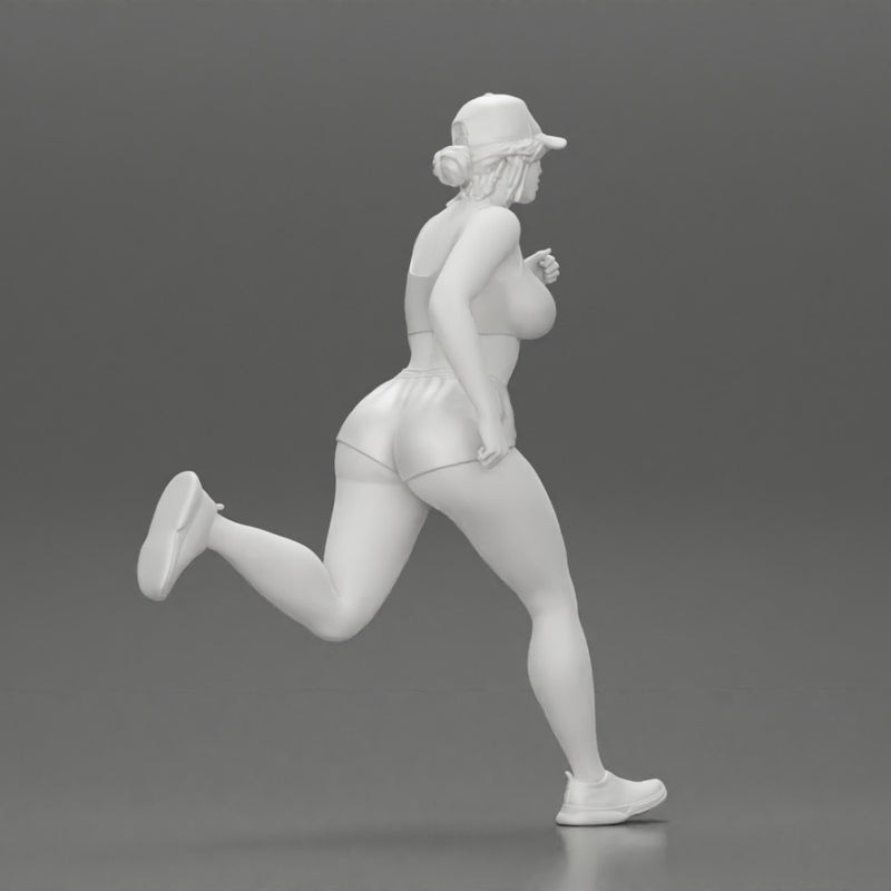 young woman running in shorts and cap