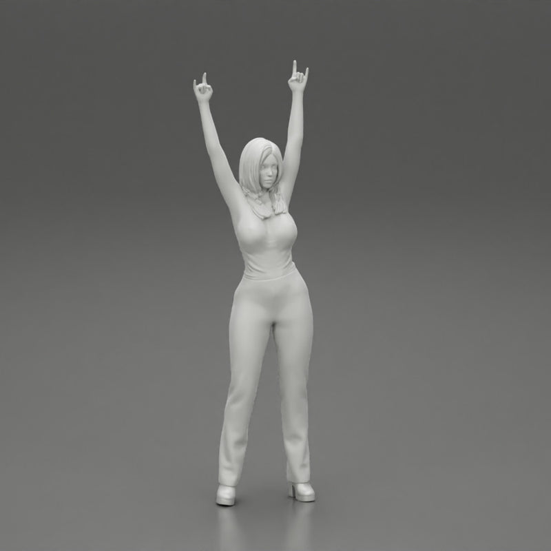 Young girl raised up two hands with sign of the horns - Only-Games