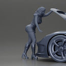 Curious Woman in mini skirt Checking Under the Hood of a Sleek Car - Only-Games