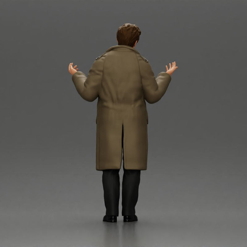 police detective in a coat standing with hands wide open