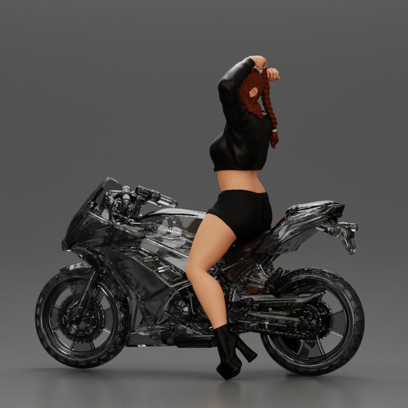 attractive girl on the motorbike stopping and putting hands on hair