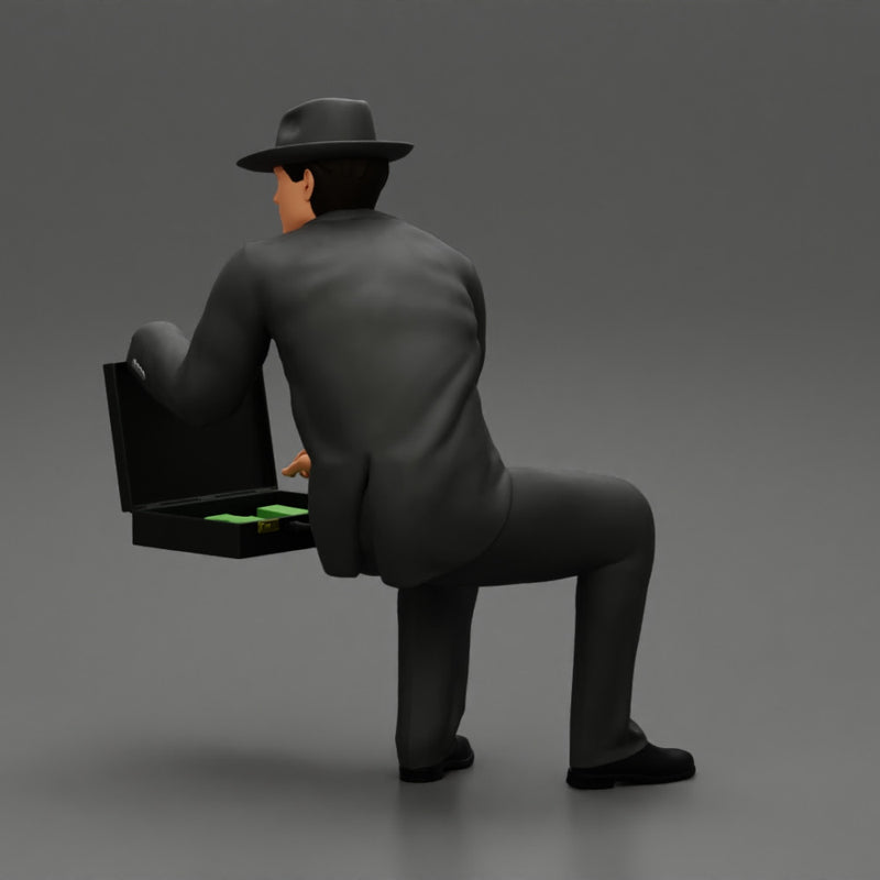 2 Models - businessman in hat sitting and holding briefcase of money - Only-Games
