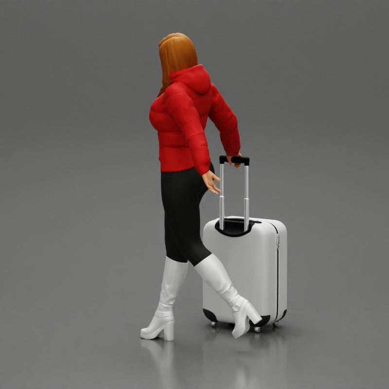 2 Fashion woman in jacket and boots dragging suitcase  walking in airport terminal - Only-Games