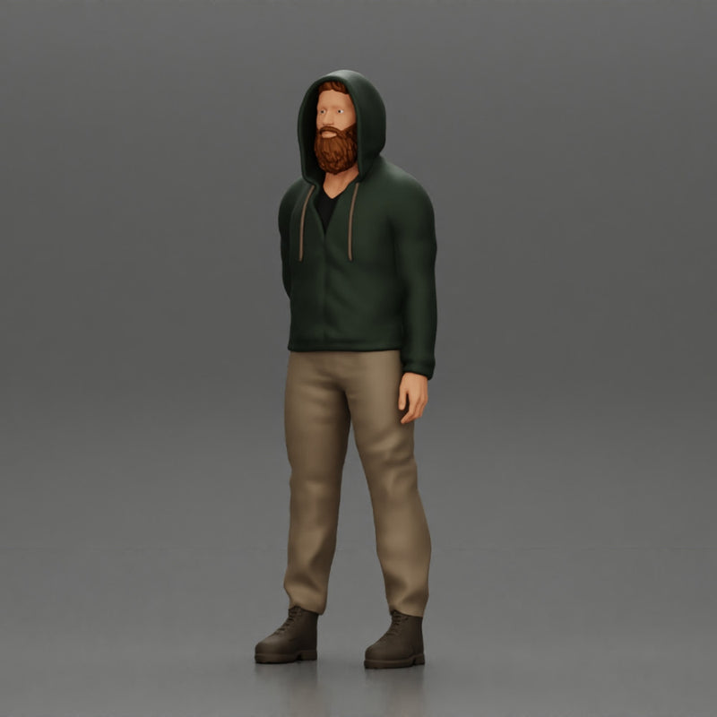 bearded man stands confidently, adorned in a stylish hoodie