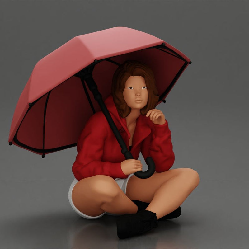 Pretty Girl with an Umbrella in Jacket and Shorts Sitting