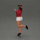 happy girl in a mini jacket and shorts, jumping on one leg - Only-Games