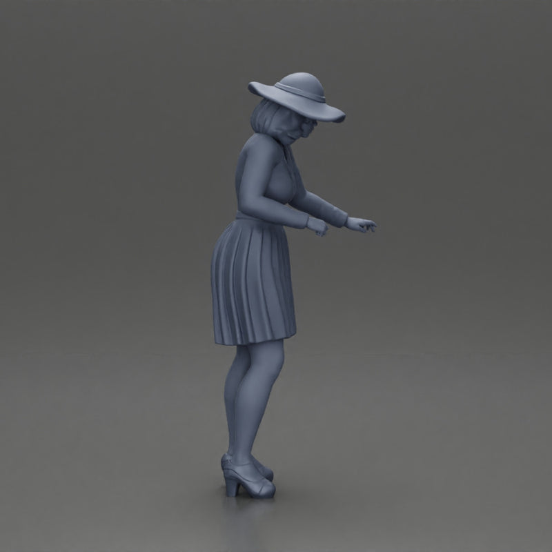 fashionable woman in hat and skirt is reaching for something