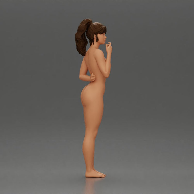 Naked woman standing hand resting on her back