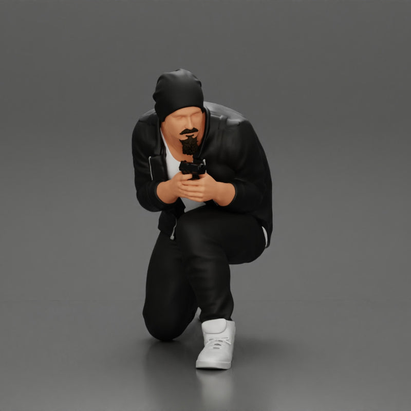 Gangster in hat and jacket sitting and holding a gun hides behind the car - Only-Games
