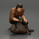 man sitting on the sidewalk and petting his dog - Only-Games