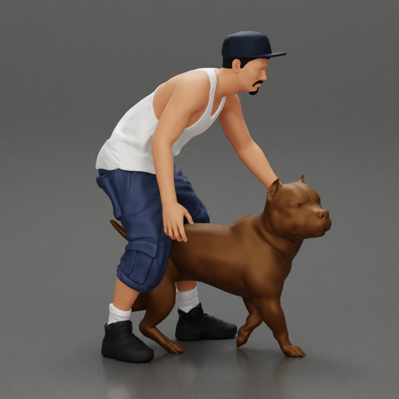 gangster homie in cap and short with his pitbull dog on the street - Only-Games