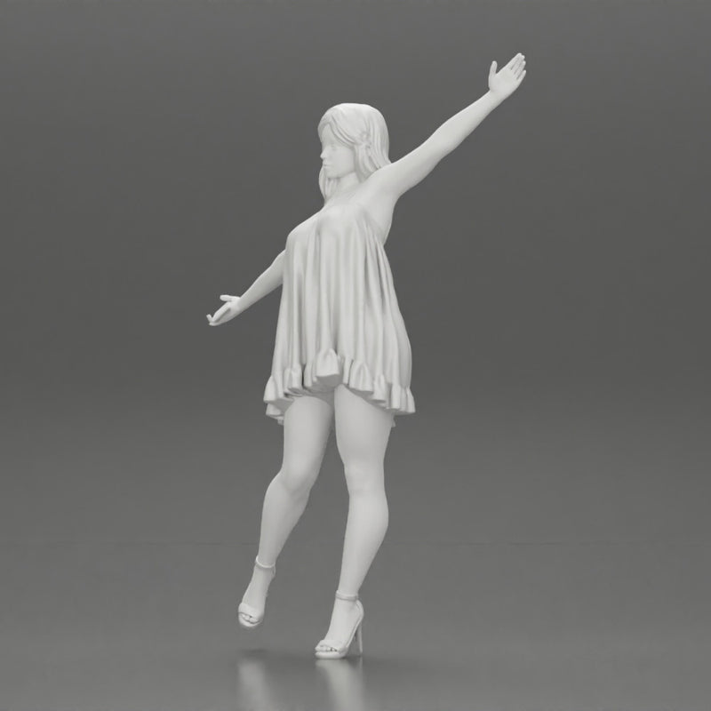 Happy Young Woman in dress and heels Standing on One Leg holding phone - Only-Games