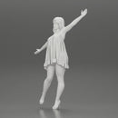 Happy Young Woman in dress and heels Standing on One Leg holding phone - Only-Games