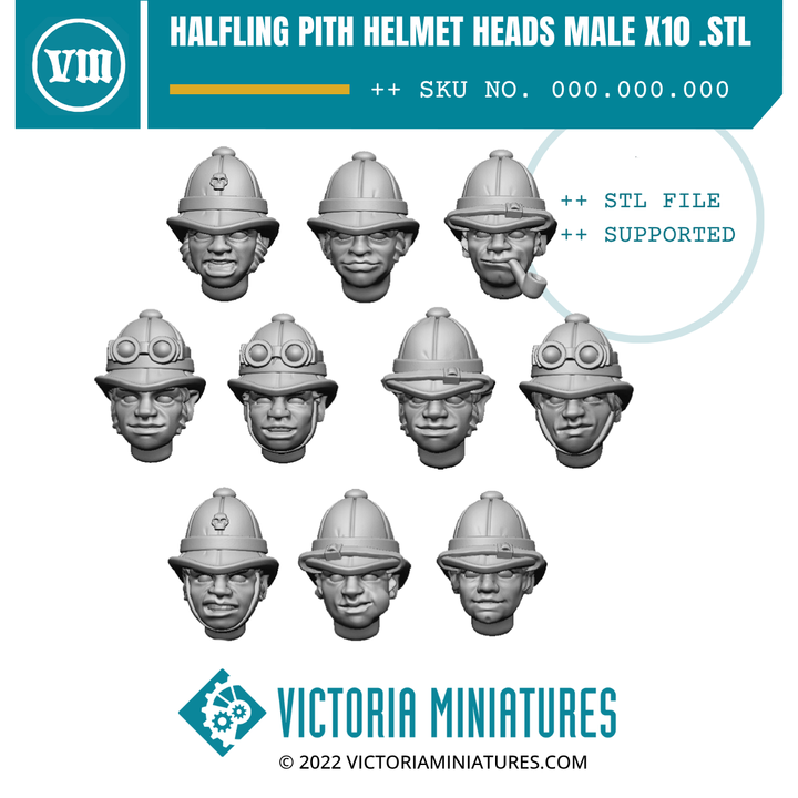 Halfling Heads with Pith helmets Male x10 - Only-Games