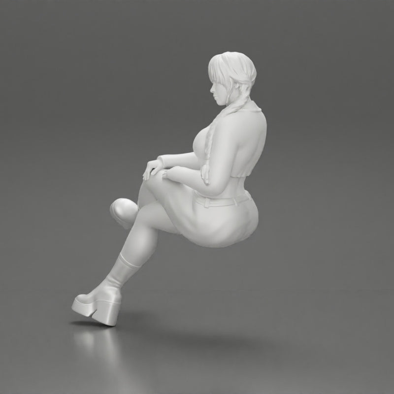 Sexy girl sitting with crossed legs  n boots and mini skirt  with long pigtails - Only-Games