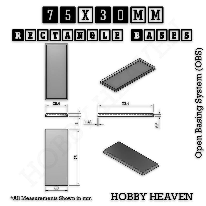 Rectangle Bases Range Sizes - 75x30mm to 125x40mm Medium Sizes 3d Print Full Range Tabletop Games - Only-Games