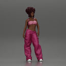 A hip-hop black girl in a bra and mini backpack wtih curly hair - Only-Games